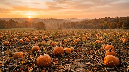 Harvested pumpkin patch at sunset in autumn