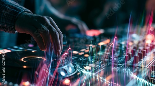 Colorful Soundwave Mixing Console with Light Trails and Dynamic Energy Displayed by DJ Hand Interaction