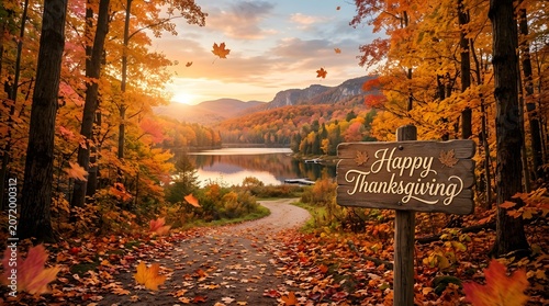Autumnal thanksgiving greeting with serene lake and mountain view