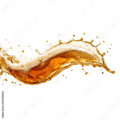 Dynamic yellow liquid splash with foam isolated on transparent background, representing beverage or drink motion.