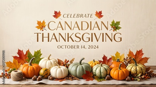 Canadian thanksgiving still life with pumpkins and autumn foliage