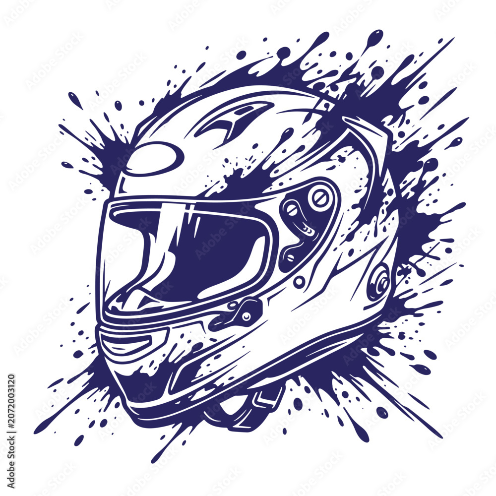 Obraz premium A dark blue ink splatter of a full-face motorcycle racing helmet, isolated on a white background, featuring dynamic paint drips and messy brush strokes, motorsports t-shirt poster