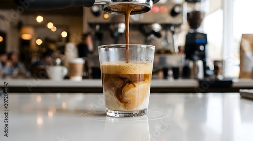 Fresh Espresso Distilling into Milk in a Glass Cup