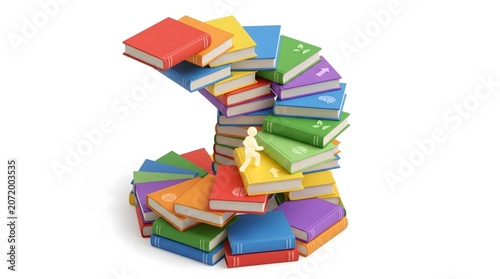 Colorful books stacked in number 8 shape with small statue on top
