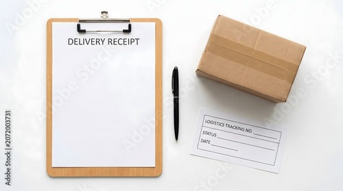 delivery receipt clipboard with pen and parcel