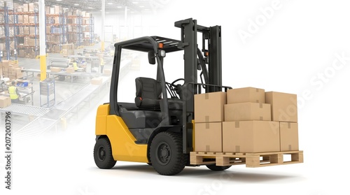 Forklift with cardboard boxes on pallet in warehouse