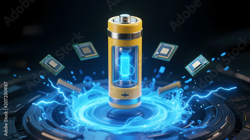 Glowing battery with blue energy in tech space