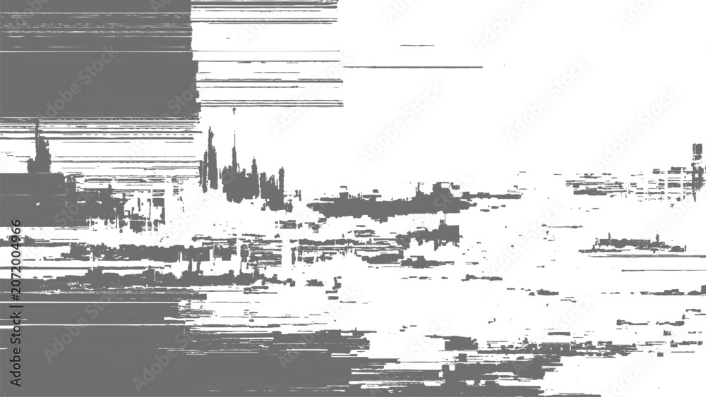 Fototapeta premium Abstract black and white digital glitch art texture background with distorted pixelated city skyline harbor effect