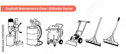 Fotografie Asphalt maintenance equipment vector icons set showing core drill, sealer drum pump, crack filling kettle, walk-behind applicator machine, squeegee, and lute rake for road repairs