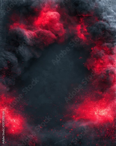 Intense red and black smoke spreading dynamically, creating a dramatic contrast and vibrant atmosphere. Textured details evoke movement and energy.