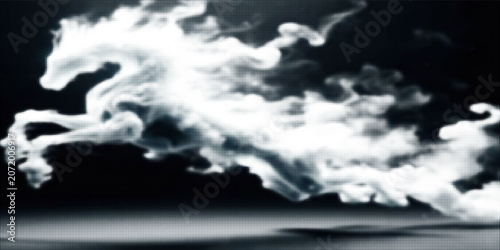 Cuadro en lienzo Abstract Digital Smoke Cloud Shaped Like a Galloping Horse Over Pixelated Horizo
