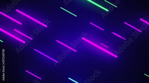 Abstract neon glowing light trails moving across dark background.