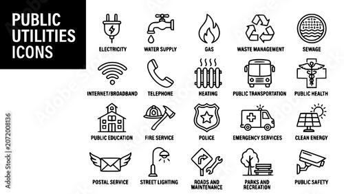Public utilities and city services line icon set with utilities services infrastructure