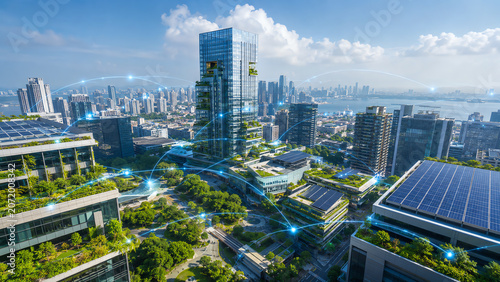 Aerial view of a modern urban cityscape with green spaces, solar panels, and skyscrapers reflecting innovation and sustainability.