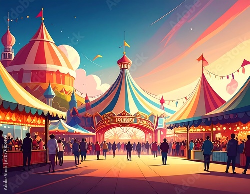 Colorful illuminated amusement park with fairytale castle at night.