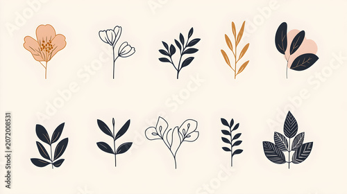 modern floral logo collection set, minimal vector branding elements, clean geometric design style pack