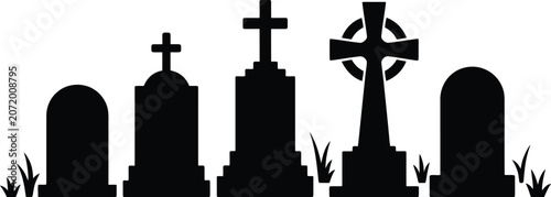 Bild auf Leinwand Black silhouette graveyard tombstones with crosses and grass elements for halloween funeral designs