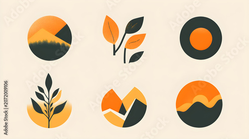retro orange nature themed logo set, flat vector modern identity design collection