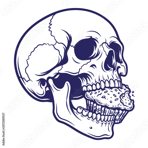 A detailed line of a human skull biting into a delicious muffin with crumbs, t-shirt poster isolated on a white background, dark blue ink style for print or apparel, dark blue contour