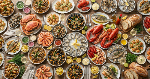 Top view of a dining table fully covered with assorted seafood including shrimp crab lobster and shellfish creating an abundant feast background suitable for restaurant and catering concepts.