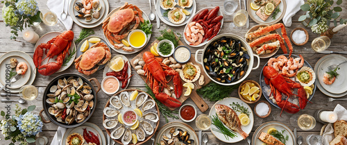 Top view of a dining table fully covered with assorted seafood including shrimp crab lobster and shellfish creating an abundant feast background suitable for restaurant and catering concepts.
