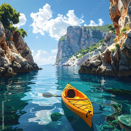 Colorful kayak floating in crystal clear tropical bay with limestone cliffs.