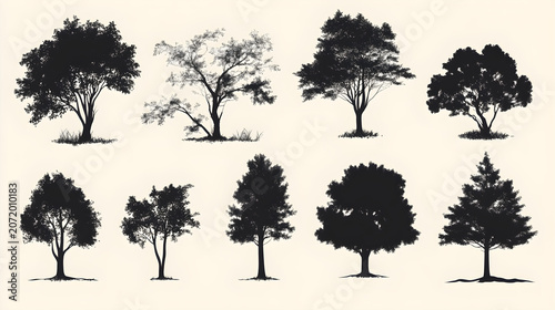 ultra detailed collection of various tree silhouettes, vector style natural landscape set