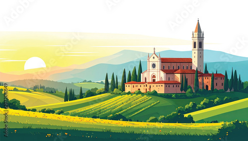 Large Italian Church on Green Hills.