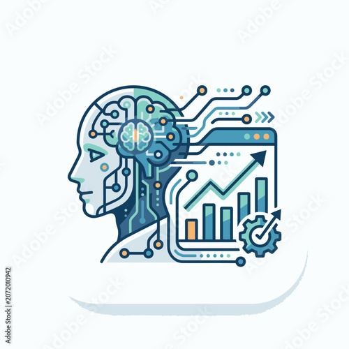 Robot head profile with data charts and circuitry.