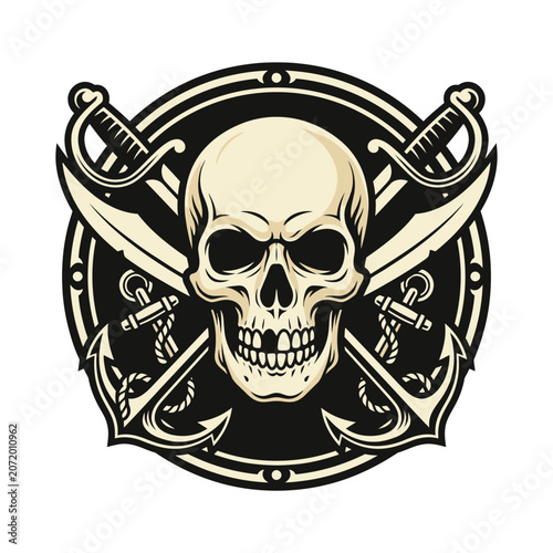 Pirate skull with crossed swords and anchors.
