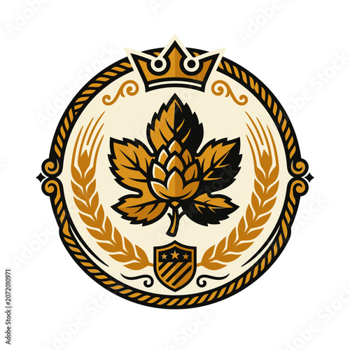 Hop leaf logo with wheat and royal crown.