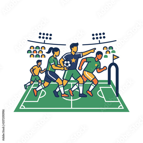 Professional soccer match action with players in lit stadium.