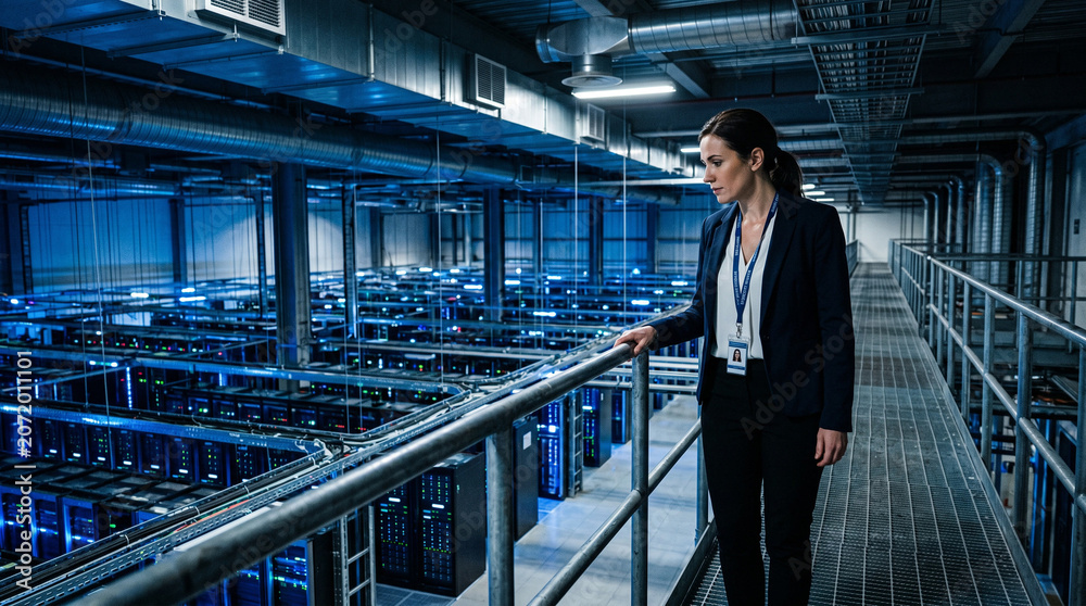 Fototapeta premium Businesswoman standing on gantry overlooking large-scale data center facility.