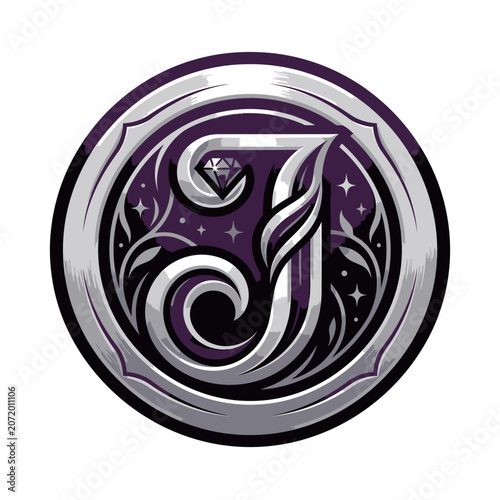 Ornate letter J monogram within circular silver frame.