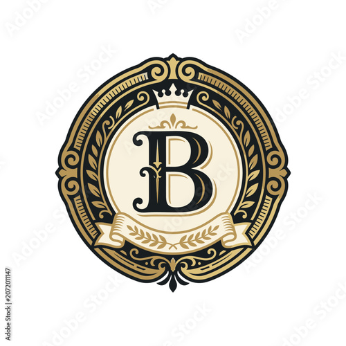 Vintage ornate letter B emblem in black and gold.