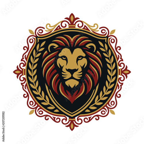 Lion head emblem inside decorative shield wreath.