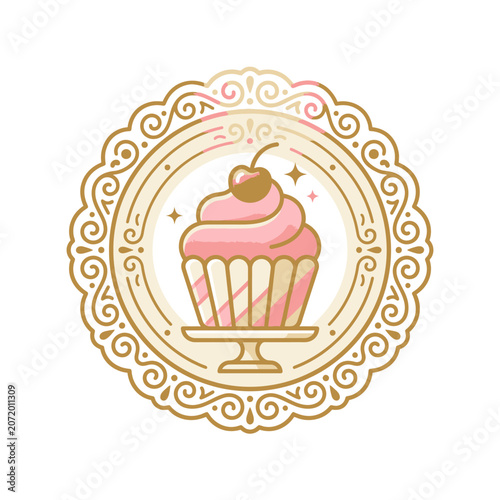 Intricate gold cupcake emblem with lacy circular border.