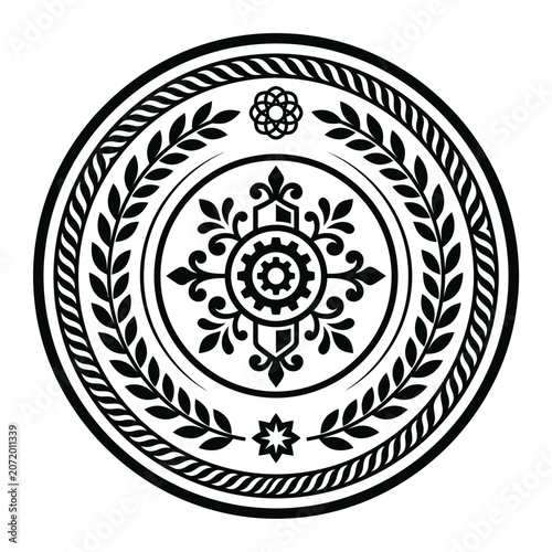 Ornate circular mandala with gear and laurel wreath.