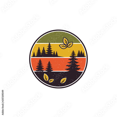 Vintage sunset forest circular landscape emblem