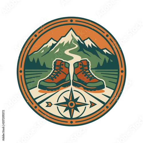 Adventure hiking badge with boots and mountain trail.