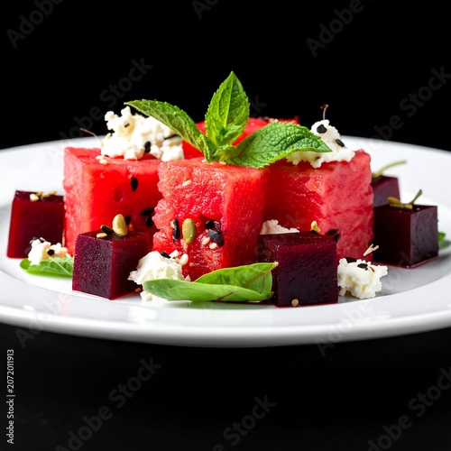Colorful layered cake with fresh strawberries and mint decoration.
