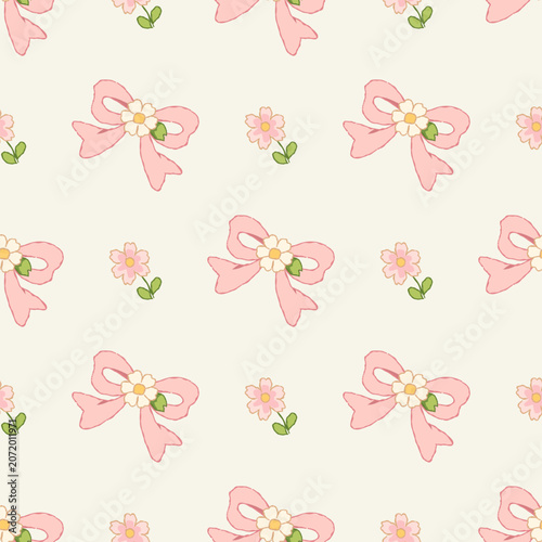Floral bow seamless pattern with pink ribbon and daisy flowers on soft pastel background for fabric, textile, wallpaper, wrapping paper and cute fashion print.