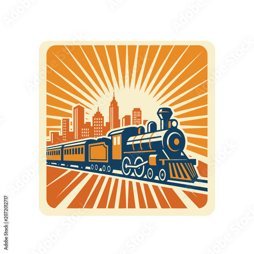 Vintage steam locomotive traveling toward city under orange sunburst.