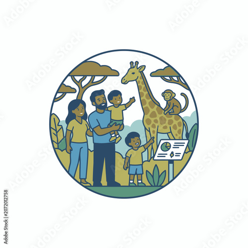 Family watching giraffe at zoo circular illustration