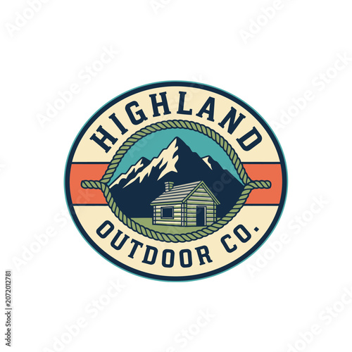 Highland Outdoor Co Circular Mountain and Cabin Emblem