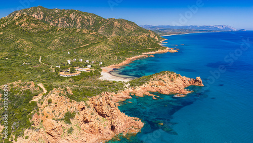 Konstfotografi Aerial drone view of the Marina di Gairo coastline, Sardinia