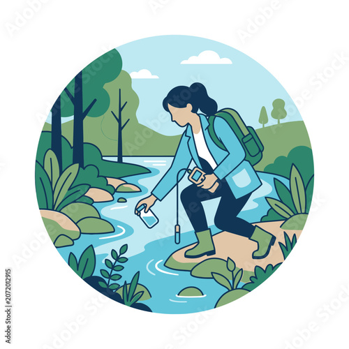 Scientist collecting river water sample in natural landscape.