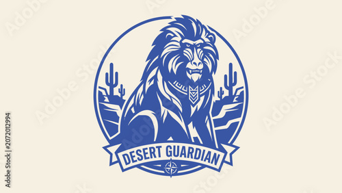 Canvas Print Desert guardian baboon vector emblem with wild animal mascot and cactus landscap