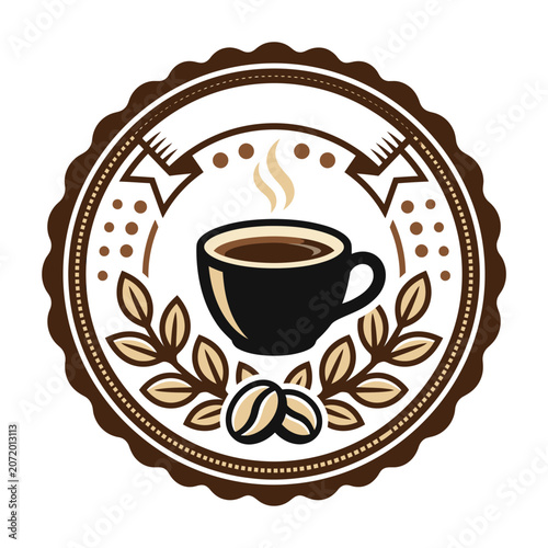 Circular coffee shop badge with steaming cup and beans.