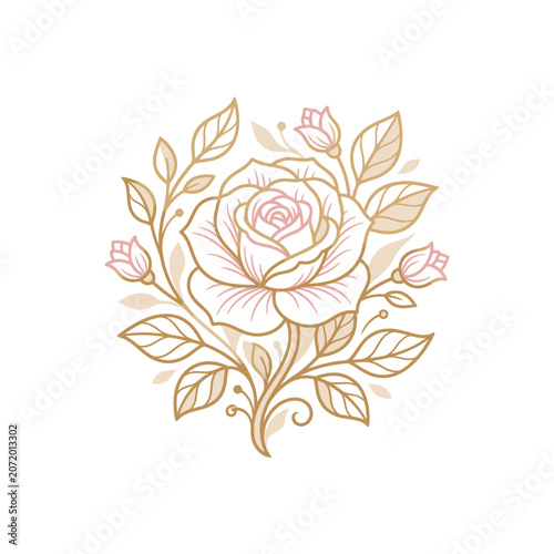 Detailed rose flower arrangement with leaves and buds.